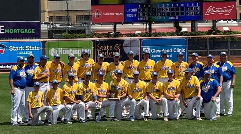 Russia poses for a photo with the state championship trophy on June 11, 2022, at Canal Park in Akron. OHSAA photo