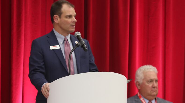 President Mike Frandsen speaks during Wittenberg University's grand opening ceremony for their new Health, Wellness & Athletics Complex. BILL LACKEY/STAFF