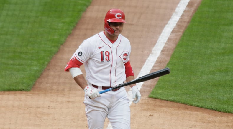 Joey Votto, of the Reds, reacts after a strike the Diamondbacks on Tuesday, April 20, 2021, at Great American Ball Park in Cincinnati. David Jablonski/Staff
