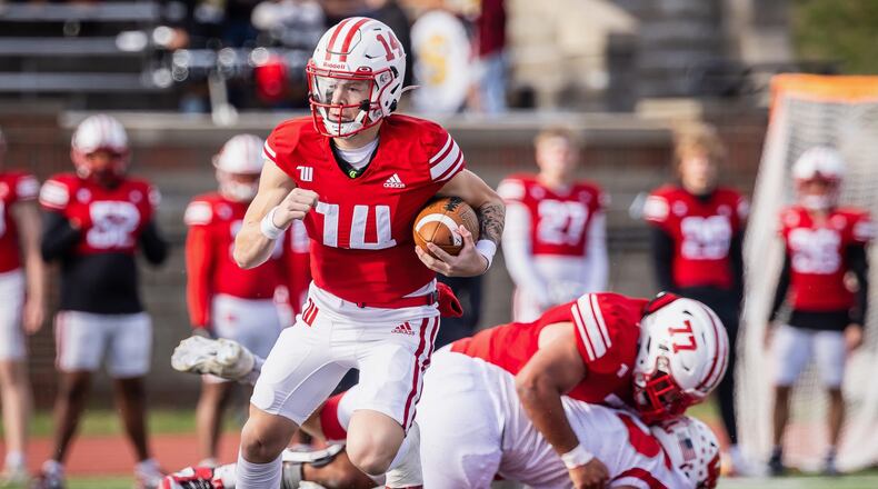 Wittenberg quarterback Jayden Miller runs with the ball during a 2024 game against Wabash at Edwards-Maurer Field in Springfield. Photo courtesy of Wittenberg