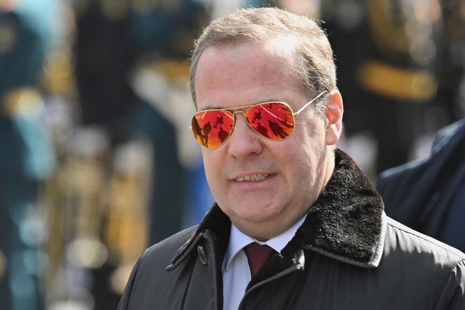 Russian Security Council Deputy Chairman and the head of the United Russia party Dmitry Medvedev attends the Victory Day military parade in Moscow, Russia, Friday, May 9, 2025, during celebrations of the 80th anniversary of the Soviet Union's victory over Nazi Germany during the World War II. (Ilya Pitalev/Photo host agency RIA Novosti via AP)