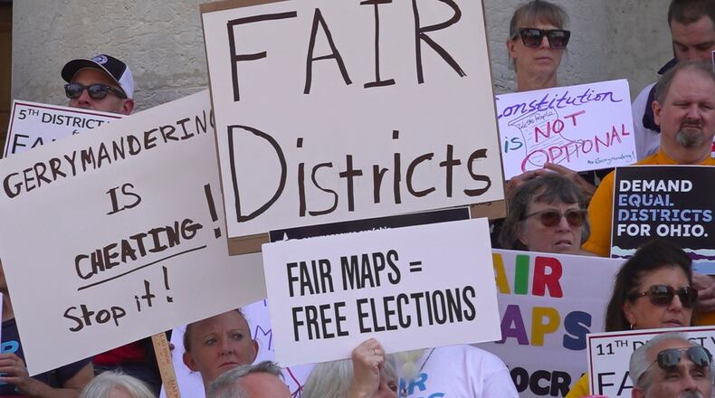 FILE - This photo taken from video shows organizers rallying outside of the Ohio Statehouse to protest gerrymandering and advocate for lawmakers to draw fair maps in Columbus, Ohio, Sept. 17, 2025. (AP Photo/Patrick Aftoora-Orsagos, File)
