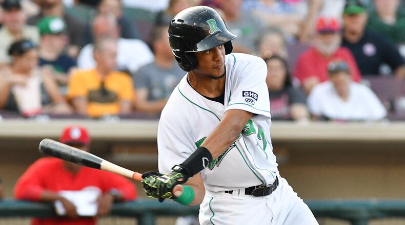 Jose Siri swings during a game against Burlington on Monday night at Fifth Third Field. Siri has recorded hits in his last 30 games, which is the third-longest streak in Midwest League history. Contributed Photo by Bryant Billing