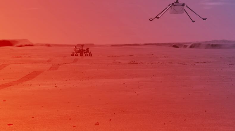 A NASA rendering of the Ingenuity helicopter flying from the Perseverance rover.