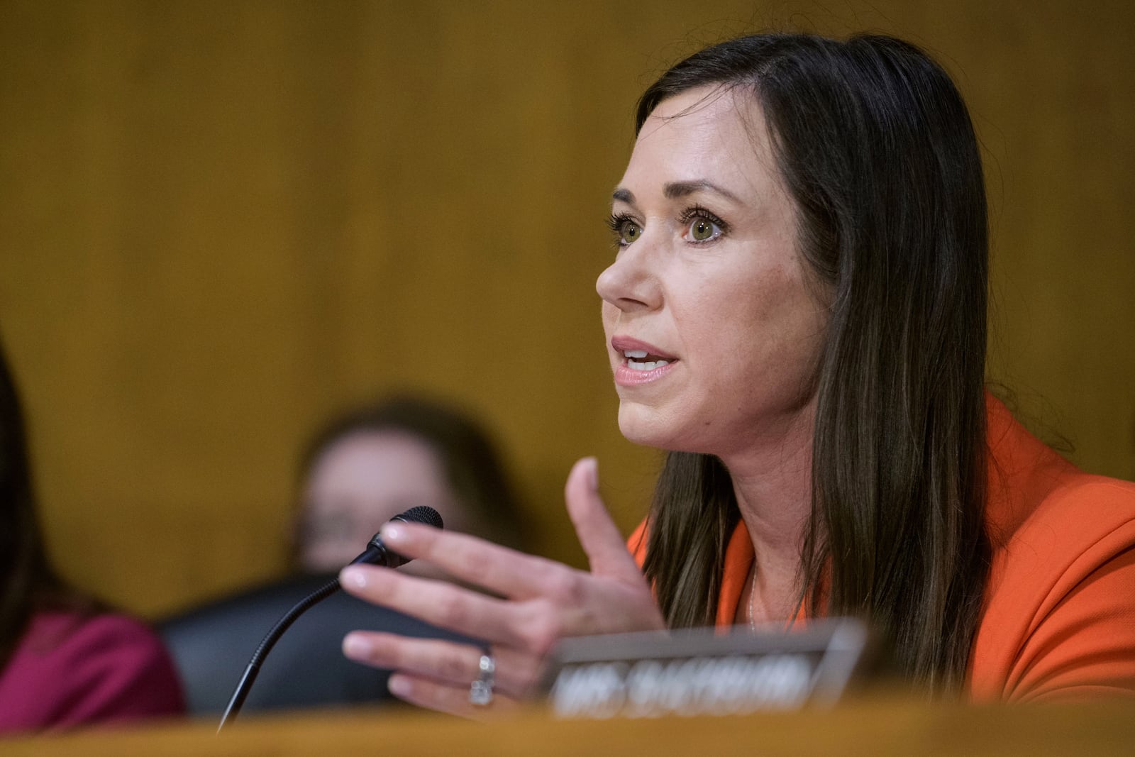 Sen. Katie Britt, R-Ala., questions the witnesses during a Senate Committee on the Judiciary hearing oon Capitol Hill, Wednesday, June 18, 2025, in Washington. (AP Photo/Rod Lamkey, Jr.)