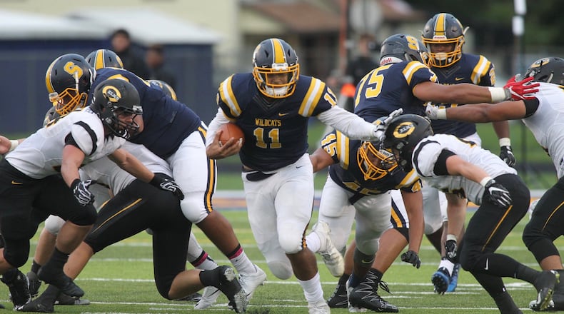 Springfield’s Leonard Taylor runs against Centerville on Friday, Sept. 15, 2017, at Evans Stadium in Springfield. David Jablonski/Staff