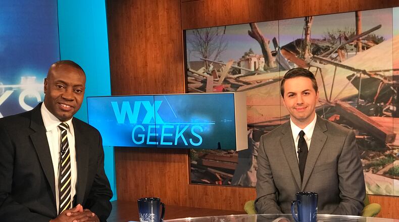 Marshall Shepherd, left, on the set of the Weather Channel with Bryan Wood, right, a meteorologist with Assurant, one of Springfield’s biggest employers. Contributed photo.
