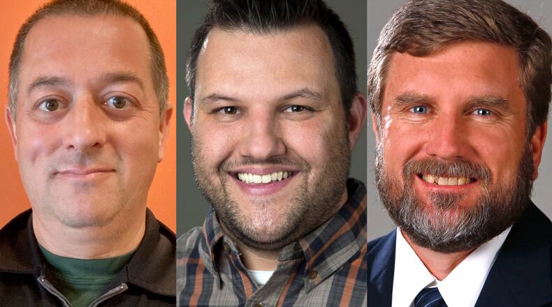 David Jablonski, left; Marcus Hartman, center and Jeremy Kelley, right will have a live discussion about the UD Flyers basketball team. The event will stream on YouTube from Warped Wing Springboro on Jan. 14, 2025.