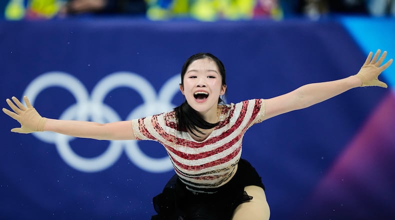 Ami Nakai of Japan competes during the women's short program figure skating at the 2026 Winter Olympics, in Milan, Italy, Tuesday, Feb. 17, 2026. (AP Photo/Natacha Pisarenko)