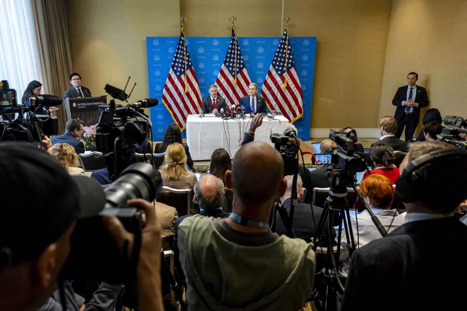 US Trade Representative Jamieson Greer, left, and US Secretary of the Treasury Scott Bessent take part in a press conference after two days of closed-door discussions on trade between the United States and China, in Geneva, Switzerland, Monday, May 12, 2025. (Jean-Christophe Bott/Keystone via AP)