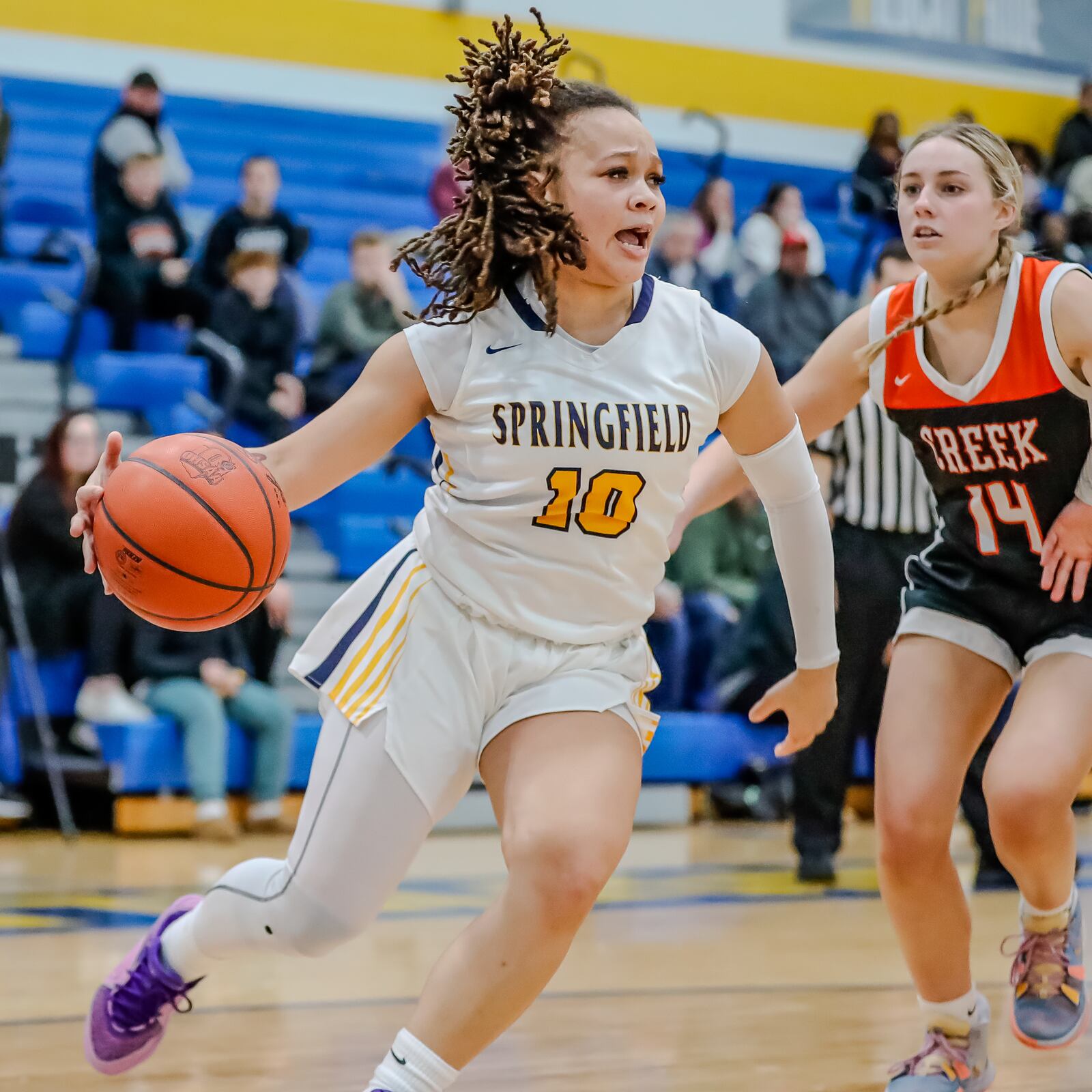 Springfield's Tiannah Stone drives vs. Beavercreek in a Greater Western Ohio Conference girls basketball game on Monday, Jan. 29, 2024. Michael Cooper/CONTRIBUTED
