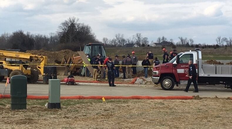 Emergency crews responded April 6 to a home under construction at the Landings at Sugarcreek. A man working alone at the site died when the walls of a trench collapsed on top of him. MONICA CASTRO/STAFF