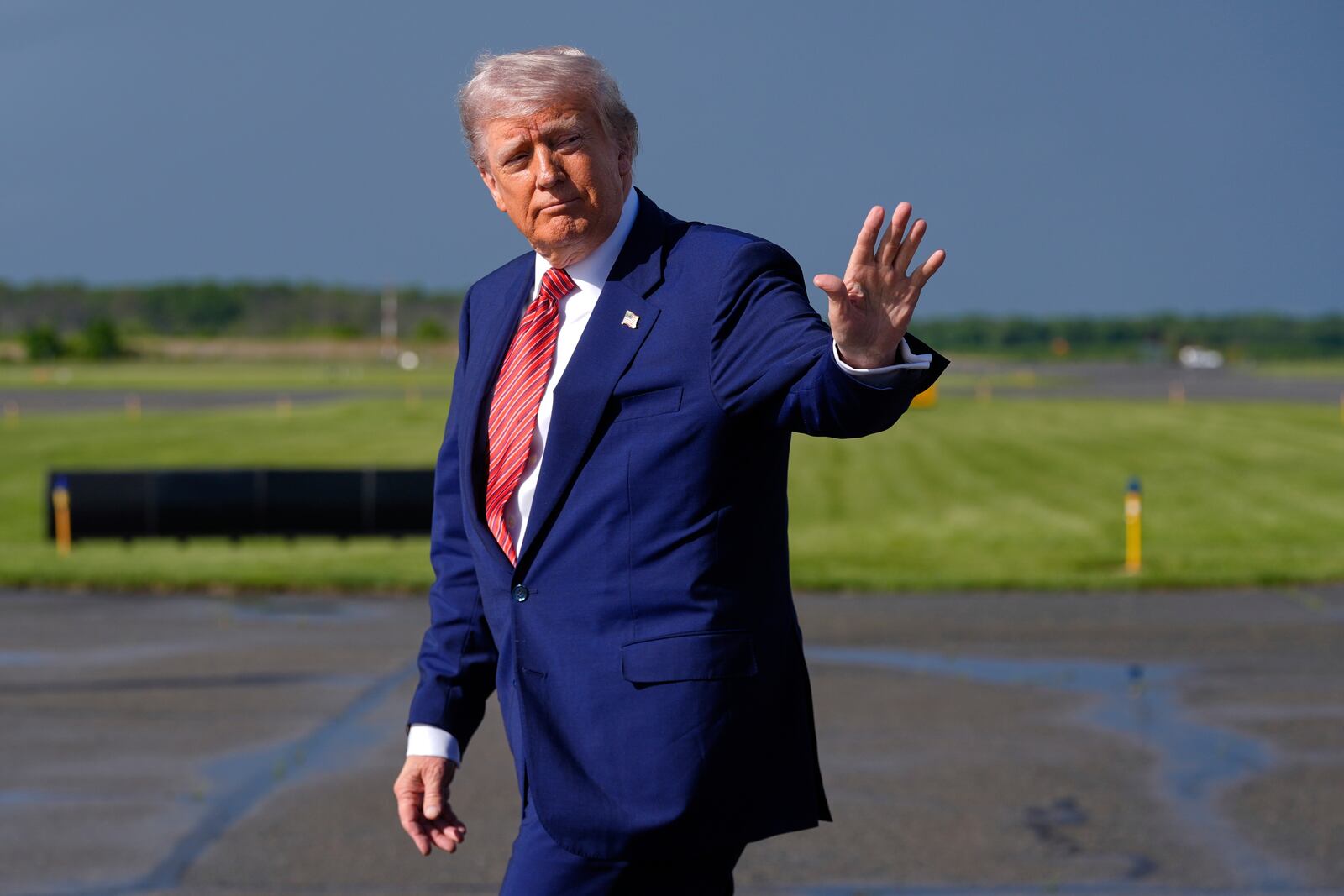President Donald Trump arrives on Air Force One at Morristown Municipal Airport in Morristown, N.J., Friday, May 23, 2025. (AP Photo/Manuel Balce Ceneta)