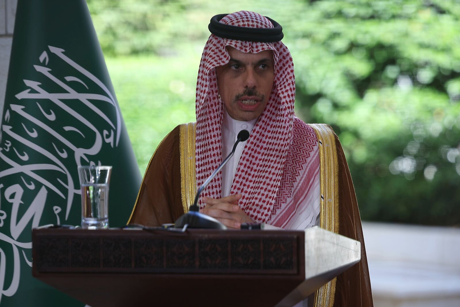 Saudi Foreign Minister Prince Faisal bin Farhan, speaks during a press conference in Damascus, Syria, Saturday, May 31, 2025. (AP Photo/Ghaith Alsayed)