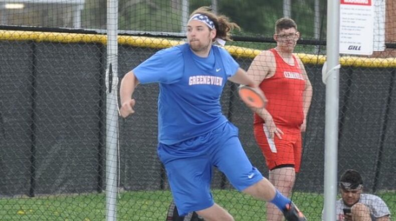 Greeneview’s Jaron Stoneburner won the shot put in the Greene County Championships at Beavercreek High School on Thursday, April 18, 2019. GREG BILLING / CONTRIBUTED