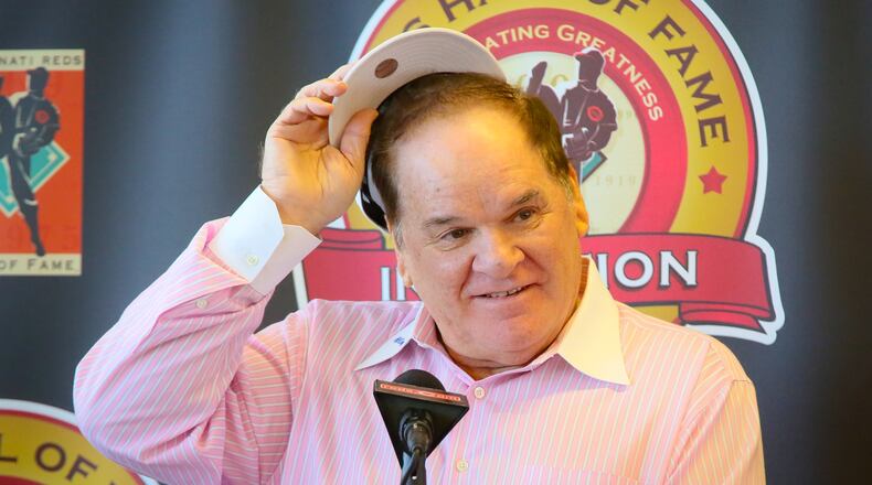 Cincinnati Reds great Pete Rose talks about being inducted to the Reds Hall of Fame during an announcement at Great American Ballpark, Tuesday, Jan. 19, 2016. GREG LYNCH / STAFF