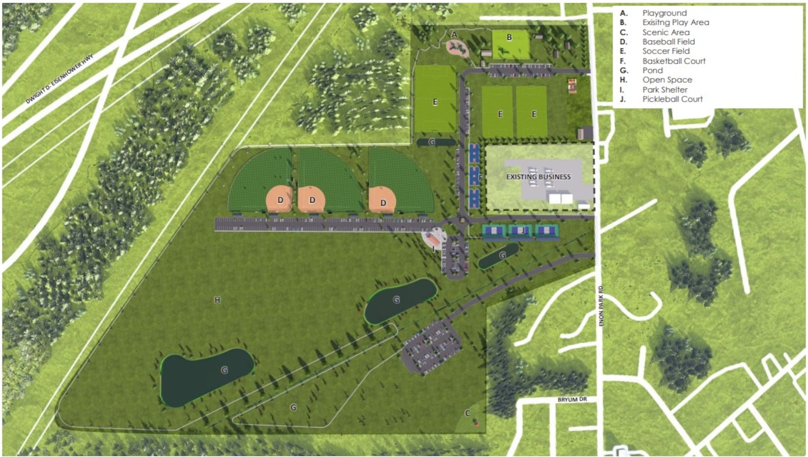 The Village of Enon and Mad River Township continue working toward getting funding for a total 73-acre multimillion citizens park and sports complex that will be between the village and Interstate 70. Contributed