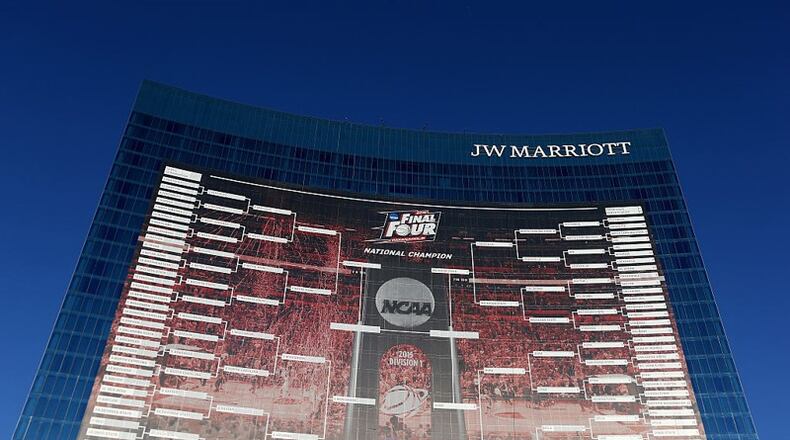 A picture of a giant bracket projected on a hotel in Indianapolis during a recent NCAA tournament. (Getty Images)