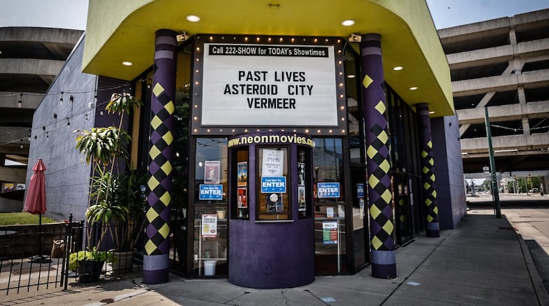 The marquee on the Neon Theatre is showing the documentary film, "Vermeer," and is a collaboration with the DAI to attract moviegoers. JIM NOELKER/STAFF
