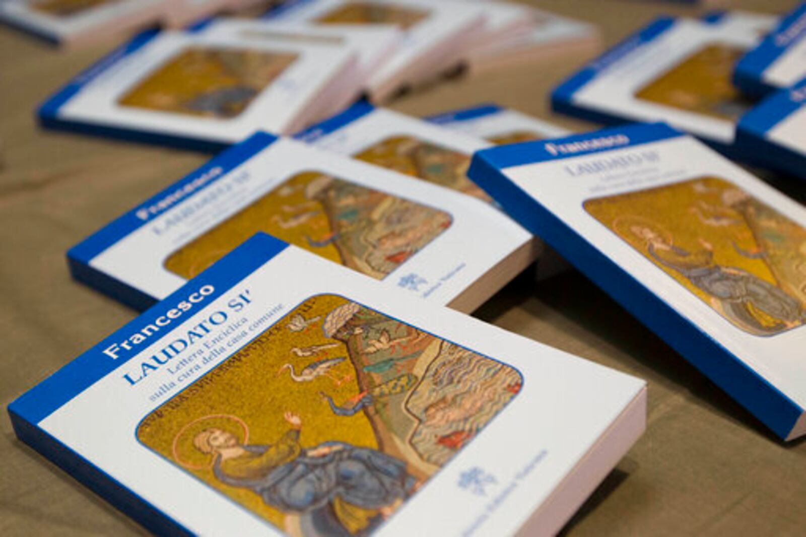 FILE - Copies of Pope Francis' encyclical "Laudato Si," (Praise Be) are displayed prior to the start of a press conference, at the Vatican, Thursday, June 18, 2015. (AP Photo/Andrew Medichini, file)