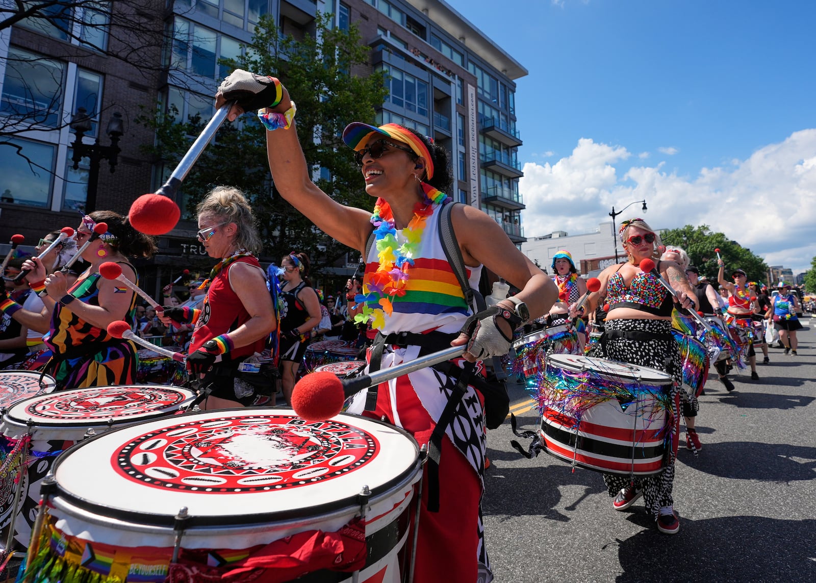 Members of Batalá Washington D.C. perform during the World Pride parade, Saturday, June 7, 2025, in Washington. (AP Photo/Alex Brandon)