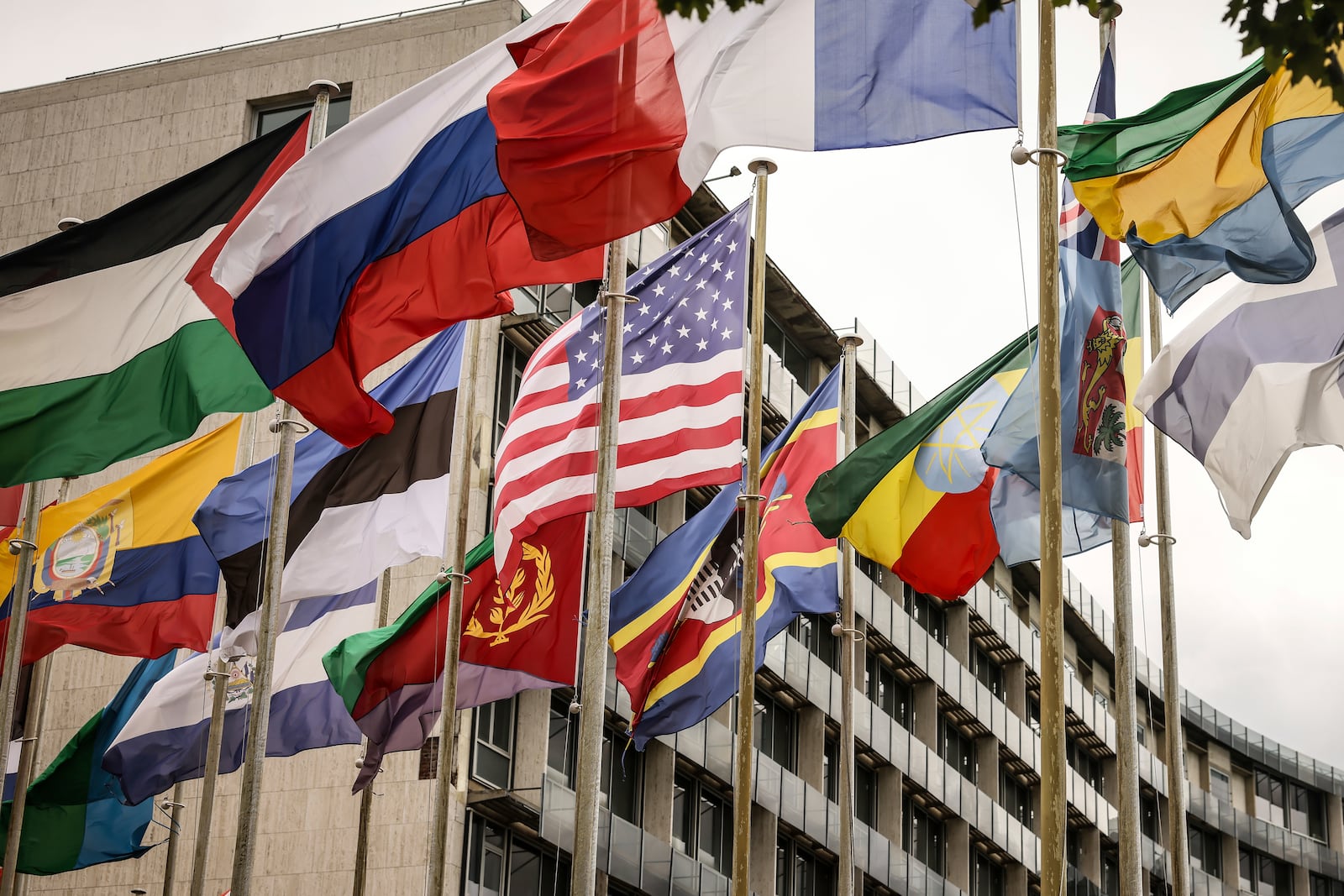 The U.S flag flies among others at the UNESCO headquarters Tuesday, July 22, 2025 in Paris. (AP Photo/Thomas Padilla)