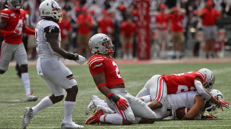Ohio State’s Chase Young reacts after almost making an interception against Cincinnati on Saturday, Sept. 7, 2019, at Ohio Stadium in Columbus. David Jablonski/Staff