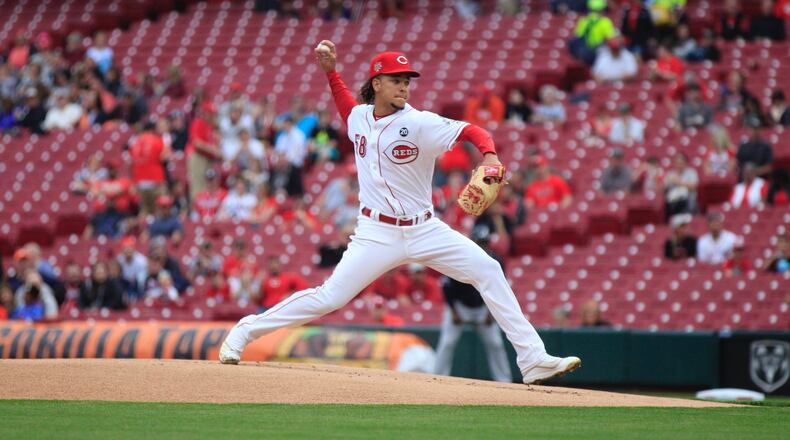 Reds starter Luis Castillo pitches against the Braves on Thursday, April 25, 2019, at Great American Ball Park in Cincinnati. David Jablonski/Staff