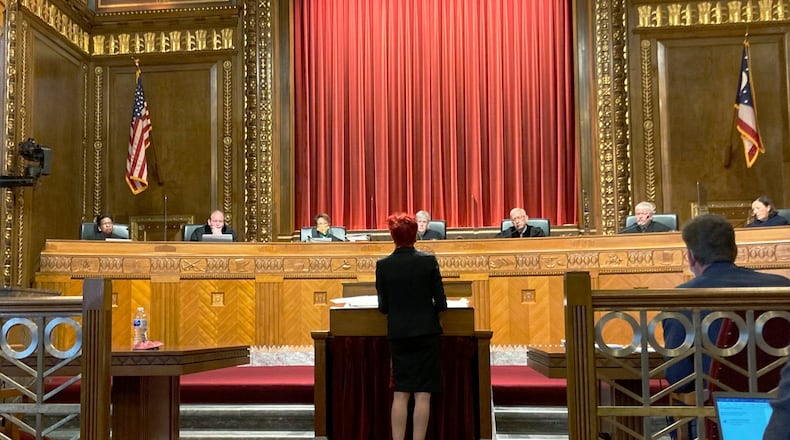 FILE—Freda Levenson, ACLU of Ohio legal director, appears before the Ohio Supreme Court in Columbus, Ohio, during oral arguments in a constitutional challenge to new legislative district maps in this file photo from Dec. 8, 2021. Democrats bolstered by a high court victory earlier this month appeared to be digging in their heels Saturday, Jan. 22, 2022, against another round of gerrymandered legislative maps in Ohio. The state's bipartisan Ohio Redistricting Commission repeatedly recessed for long stretches ahead of a midnight deadline set by its members to hash out a compromise that satisfies members of both parties. (AP Photo/Julie Carr Smyth, File)