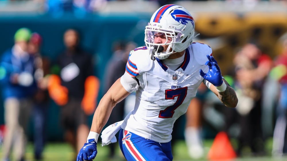 FILE - Buffalo Bills cornerback Taron Johnson (7) plays against the Jacksonville Jaguars during an NFL wild card playoff football game, Sunday, Jan. 11, 2026, in Jacksonville, Fla. (AP Photo/Gary McCullough, File)
