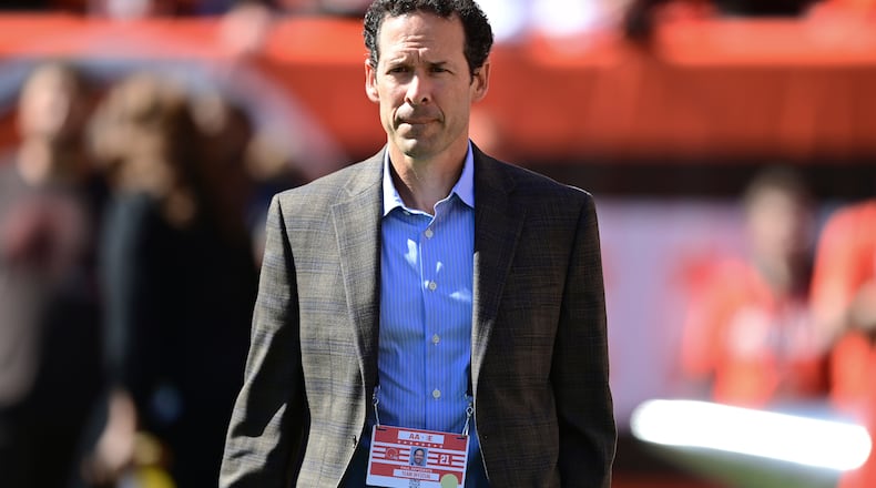 FILE - Cleveland Browns chief strategy officer Paul DePodesta looks on before an NFL football game between the Chicago Bears and the Cleveland Browns, Sunday, Sept. 26, 2021, in Cleveland. (AP Photo/David Dermer, File)