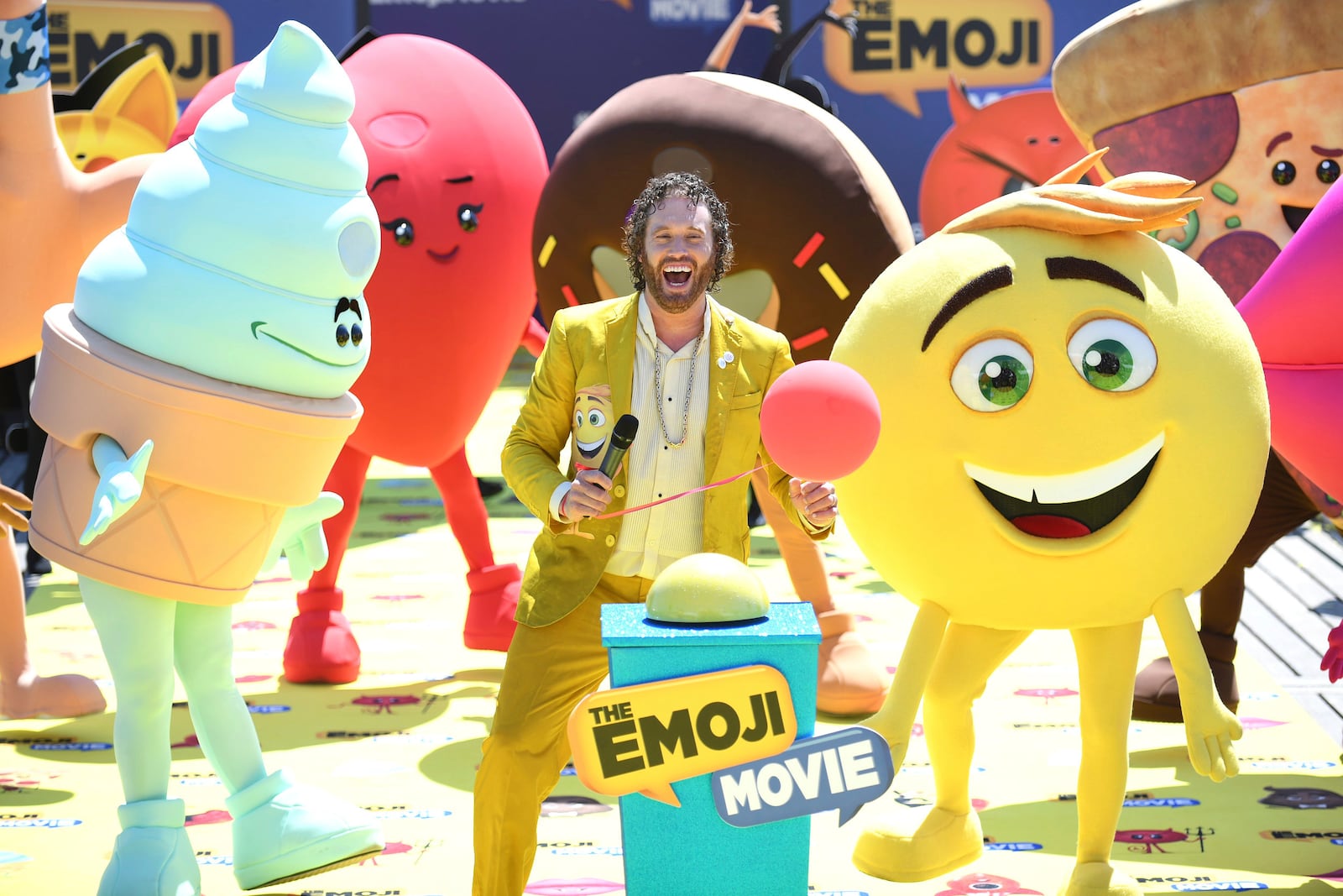 FILE - Actor T. J. Miller poses with characters during the photo call for the film The Emoji Movie, at the 70th international film festival, Cannes, southern France, Tuesday, May 16, 2017. (Photo by Arthur Mola/Invision/AP, File)