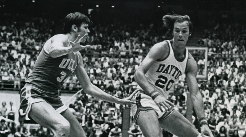 The University of Dayton's Mike Sylvester scored 36 points and grabbed 13 rebounds in a 1974 NCAA tournament regional semifinal against UCLA. The Flyers lost 111-100 in triple overtime. DAYTON DAILY NEWS ARCHIVE