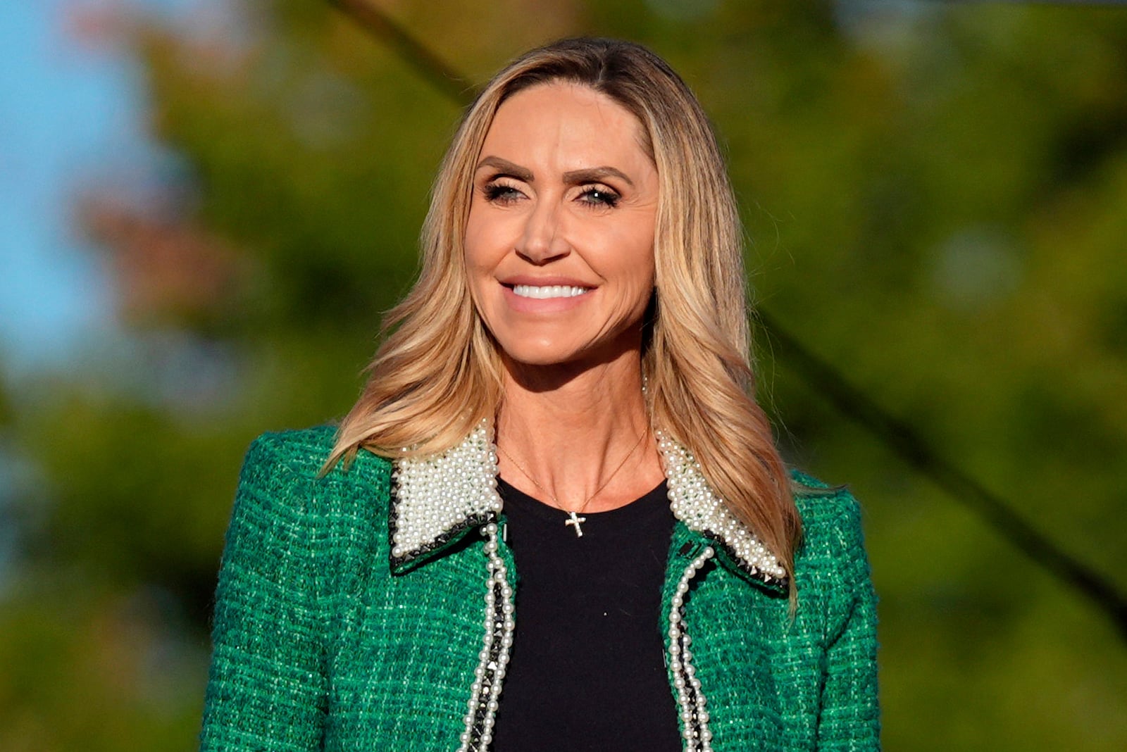 FILE - Republican National Committee co-chair Lara Trump arrives at a campaign rally, Oct. 5, 2024, in Butler, Pa. (AP Photo/Evan Vucci, File)