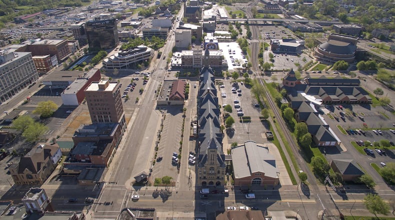 An aerial view of downtown Springfield looking east in April of 2017. TY GREENLEES/STAFF