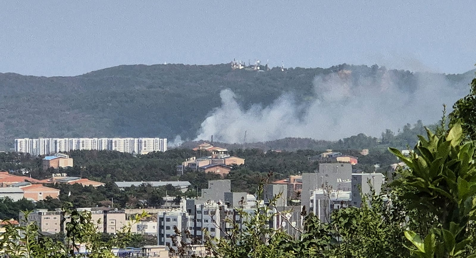 Smoke rises from a mountain in Pohang, South Korea, where a Navy patrol plane carrying four people crashed on Thursday, May 29, 2025. (Son Dae-seong/Yonhap via AP)