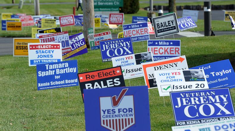A political "sign farm" outside the Greene County Board of Elections on Ledbetter Rd. in Xenia. MARSHALL GORBY\STAFF