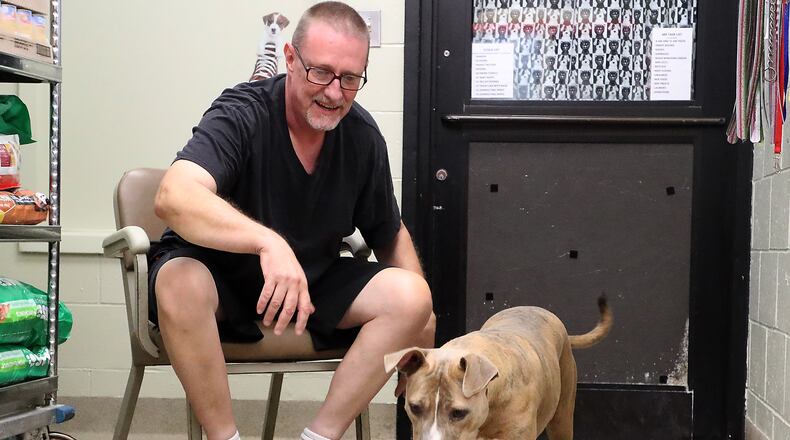 Dennis Merchant plays fetch with one of the dogs at the Clark County Dog Shelter during the Clear the Shelter 2020 adoption event. BILL LACKEY/STAFF