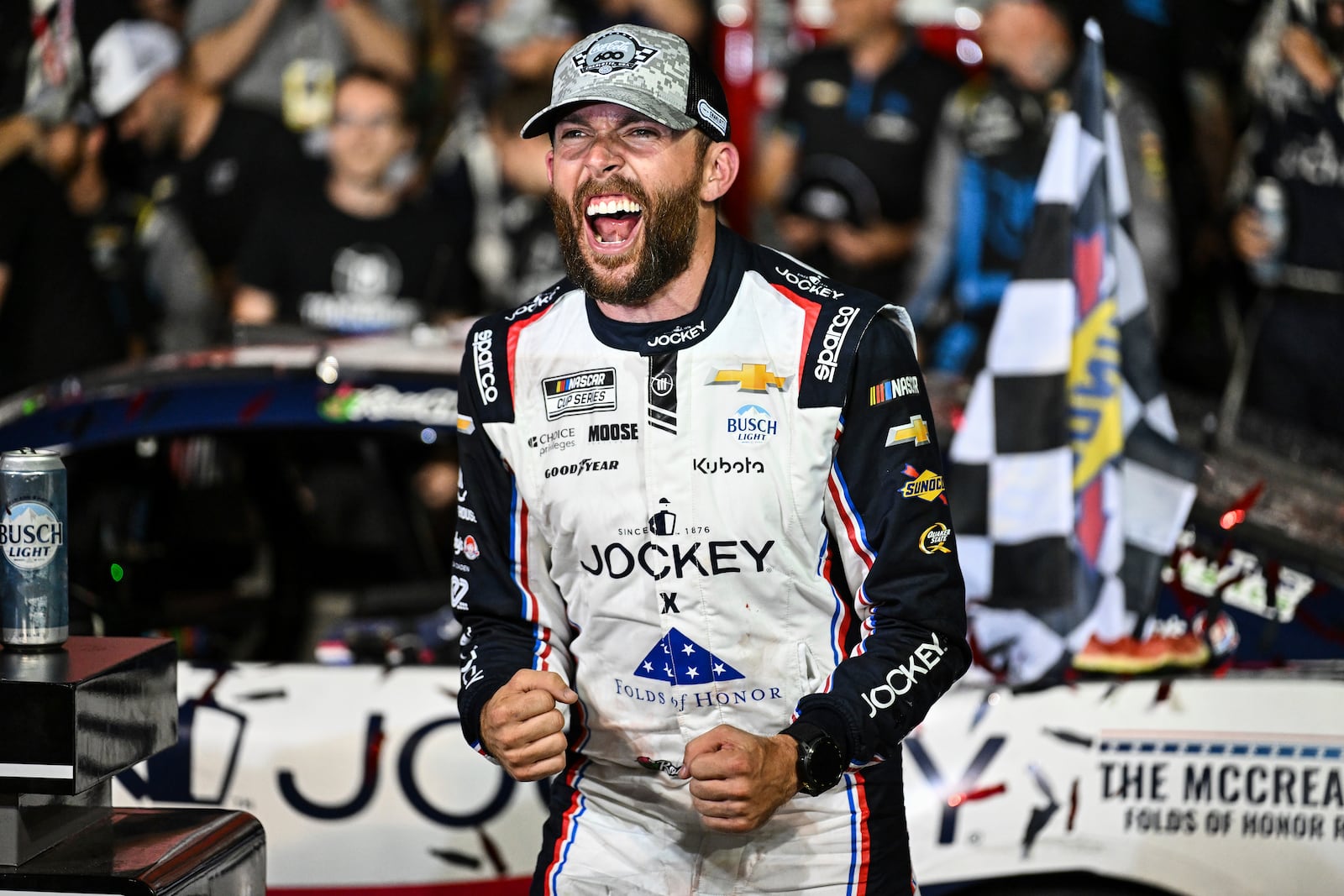 Ross Chastain celebrates in Victory Lane after winning a NASCAR Cup Series auto race at Charlotte Motor Speedway, Sunday, May 25, 2025, in Concord, N.C. (AP Photo/Matt Kelley)