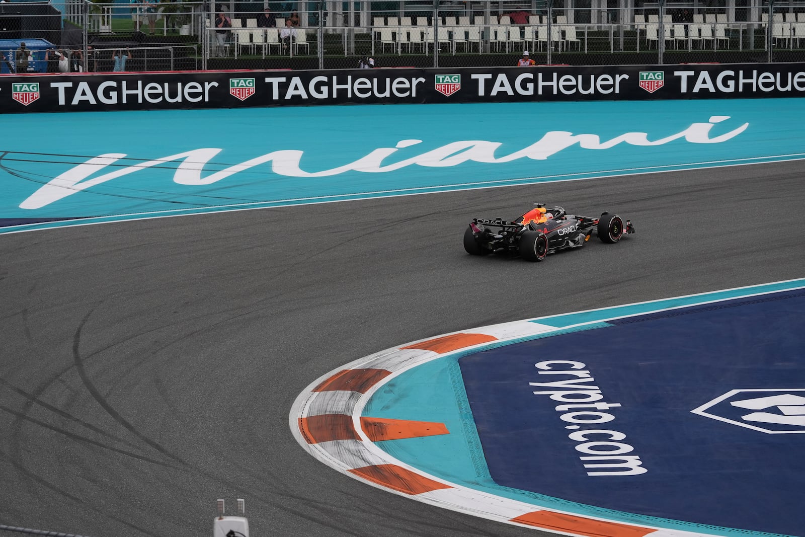 Red Bull driver Max Verstappen of the Netherlands makes a turn during the Formula One Miami Grand Prix auto race Sunday, May 4, 2025, in Miami Gardens. Fla. (AP Photo/Rebecca Blackwell)