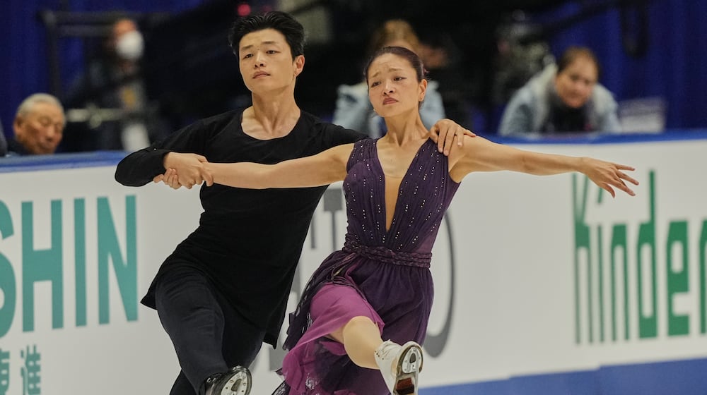 Maia Shibutani and Alex Shibutani, of the U.S., perform during the ice dance free dance program in the ISU Grand Prix of Figure Skating - NHK Trophy in Kadoma, east of Osaka, western Japan, Saturday, Nov. 8, 2025. (AP Photo/Hiro Komae)
