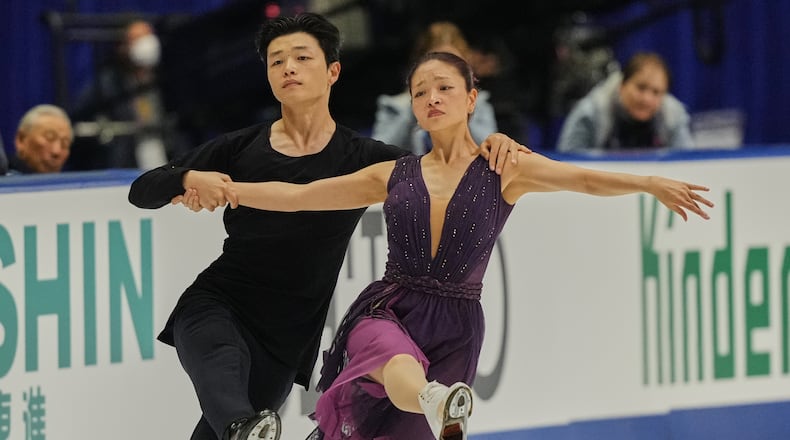 Maia Shibutani and Alex Shibutani, of the U.S., perform during the ice dance free dance program in the ISU Grand Prix of Figure Skating - NHK Trophy in Kadoma, east of Osaka, western Japan, Saturday, Nov. 8, 2025. (AP Photo/Hiro Komae)