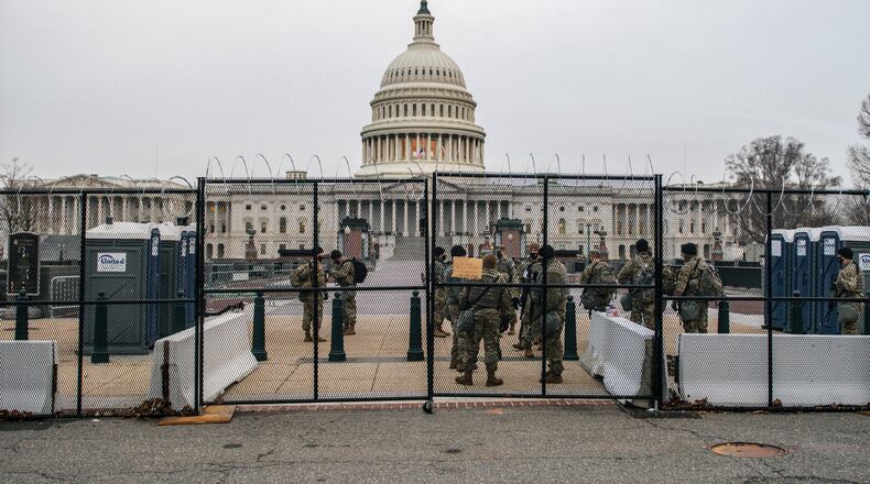 National Guard troops at the Capitol in Washington on Tuesday, Feb. 9, 2021. The second impeachment trial of former President Donald Trump is scheduled to begin on Tuesday, about a month after he was charged by the House with incitement of insurrection for his role in egging on a violent mob that stormed the Capitol on Jan. 6. (Brandon Bell/The New York Times)