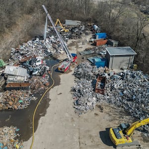 Firefighters work to extinguish smoke at Santoro Metals for several hours on Thursday, March 19, 2026, in Springfield. No injuries have been reported, according to authorities. JOSEPH COOKE VIA DRONE/STAFF
