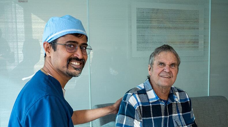 Surgical oncologist and Mercy Health Physician Dr. Shyam Allamaneni recently performed a groundbreaking Whipple-procedure robotic surgery on Frederick "Rick" Weppler of Ross Township. Weppler recovered especially quickly. PROVIDED