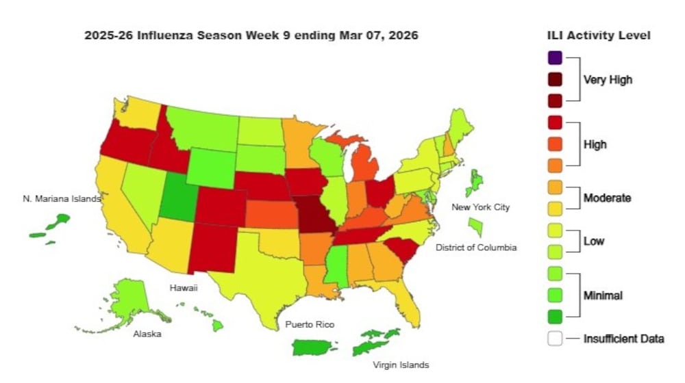This is the weekly Outpatient Respiratory Illness Activity map from the CDC, for the week ending Mar. 7, 2026.