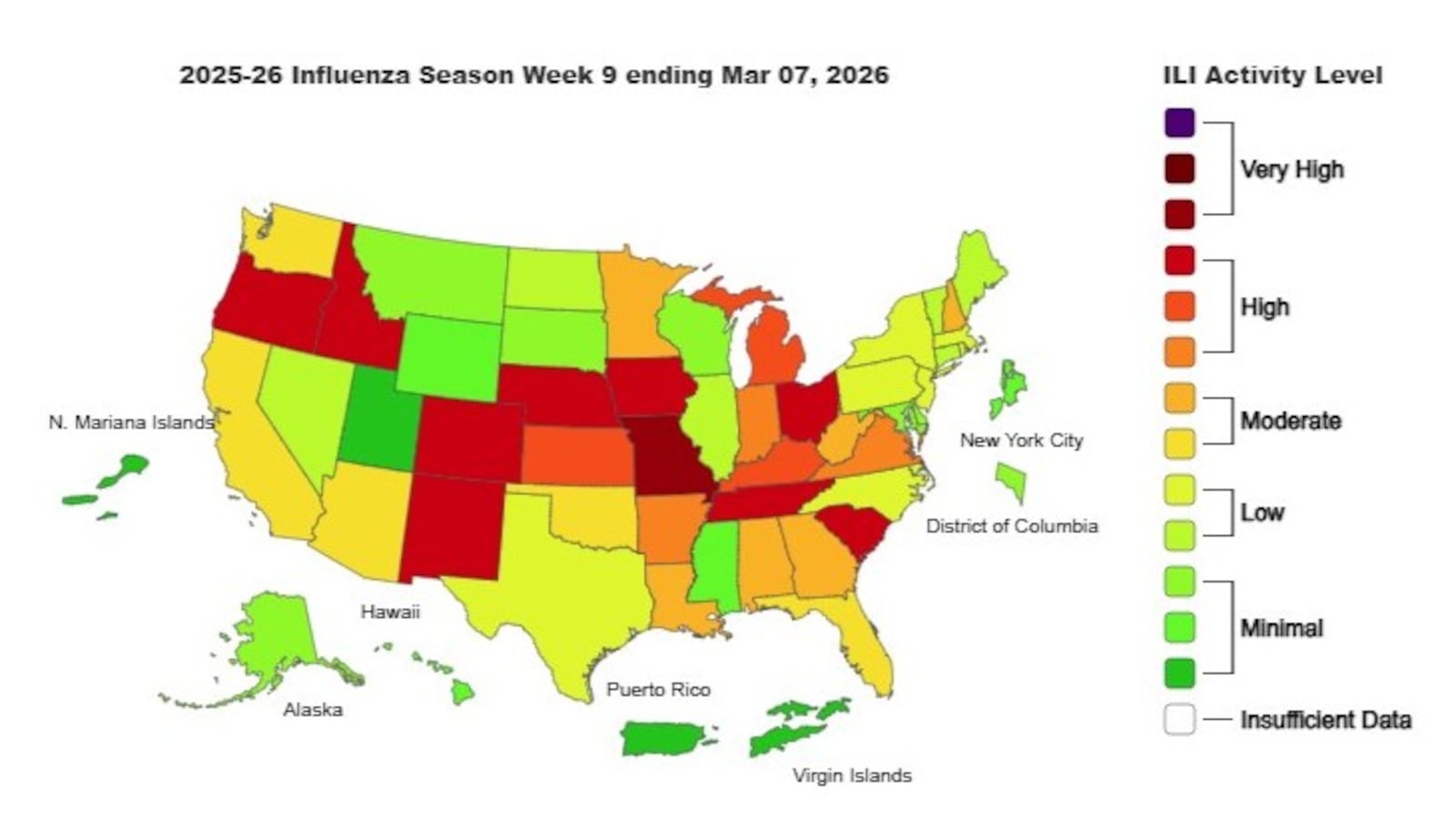 This is the weekly Outpatient Respiratory Illness Activity map from the CDC, for the week ending Mar. 7, 2026.
