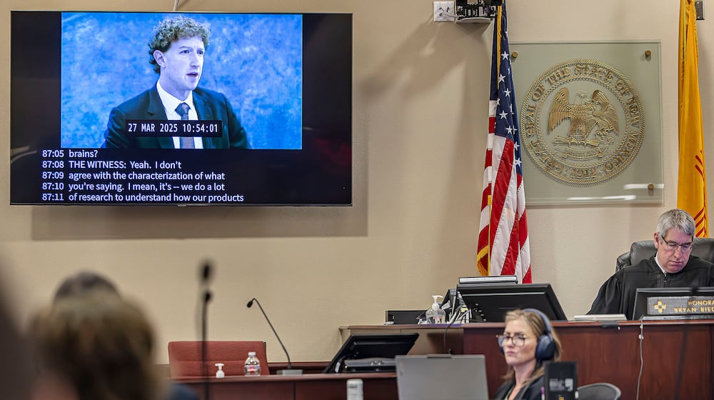 A recording of Meta Founder and CEO Mark Zuckerberg's deposition is played for the jurors on Wednesday, March 4, 2026, in Santa Fe, N.M. (Jim Weber/Santa Fe New Mexican via AP, Pool)