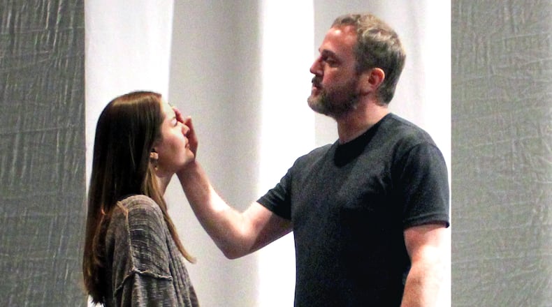 Zoie Ramirez as Lady Macbeth and Ben Guenther as Macbeth rehearse for the Clark State Theatre presentation of William Shakespeare's "Macbeth" coming to the Clark State Performing Arts Center's Turner Studio Theatre. Joe Lauricella photo