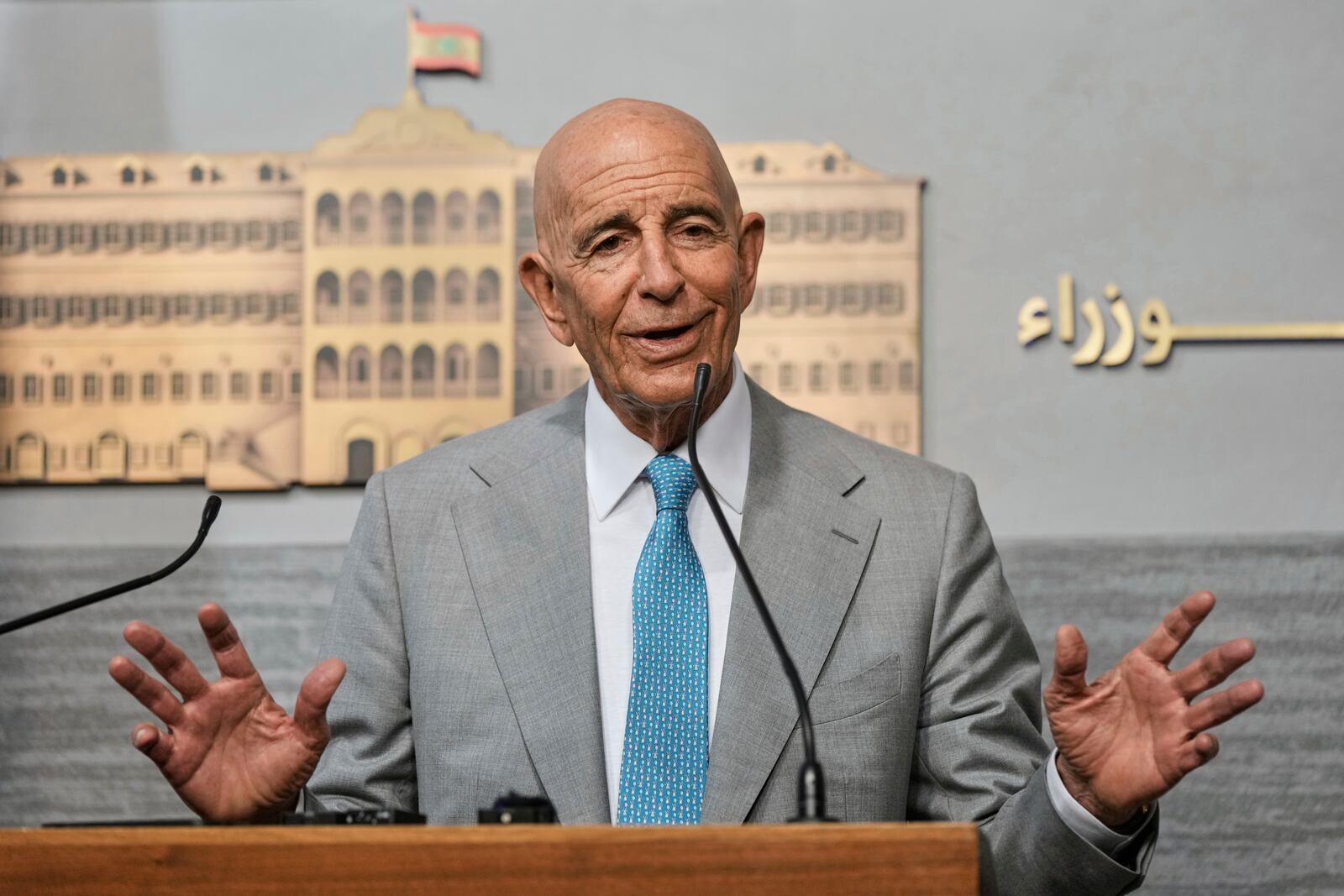 U.S. Ambassador to Turkey and Special Envoy to Syria Tom Barrack speaks during a press conference at the government palace in Beirut, Lebanon, Monday, July 21, 2025. (AP Photo/Bilal Hussein)